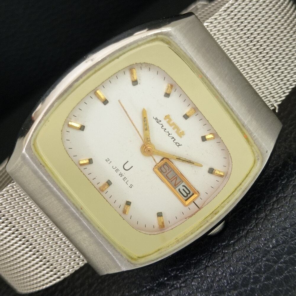 Vintage 1986 HMT Automatic Mens Silver Watch W/Daydate & White accents